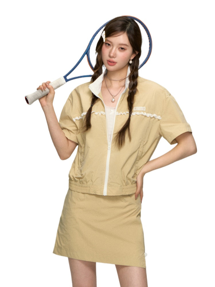 Color Blocking Lace Trimmed Short-Sleeve Outerwear &amp; Skirt Set