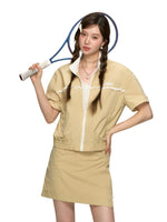 Color Blocking Lace Trimmed Short-Sleeve Outerwear & Skirt Set