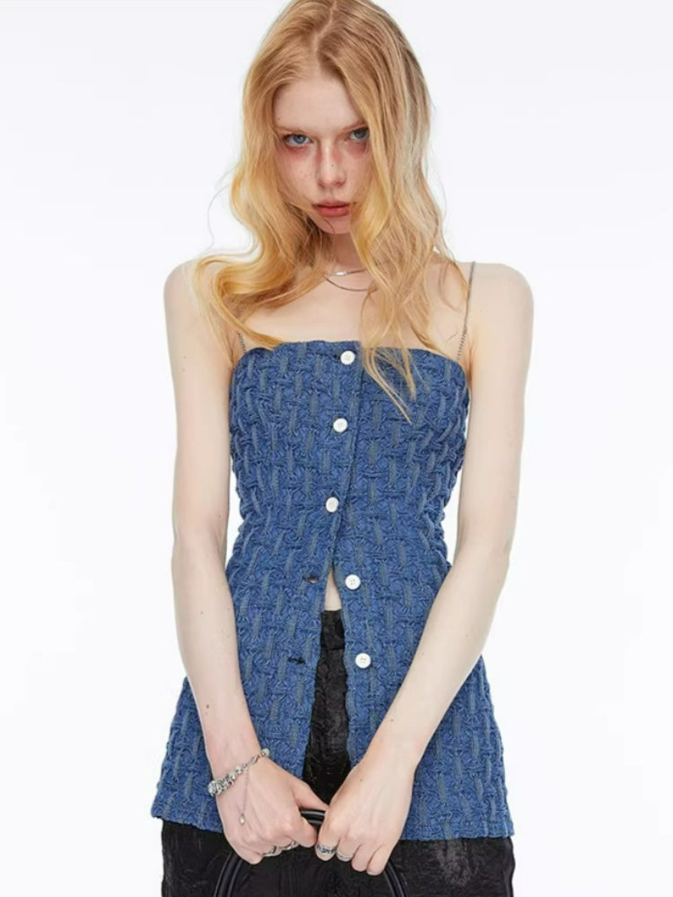 Ruched Denim Bustier Top