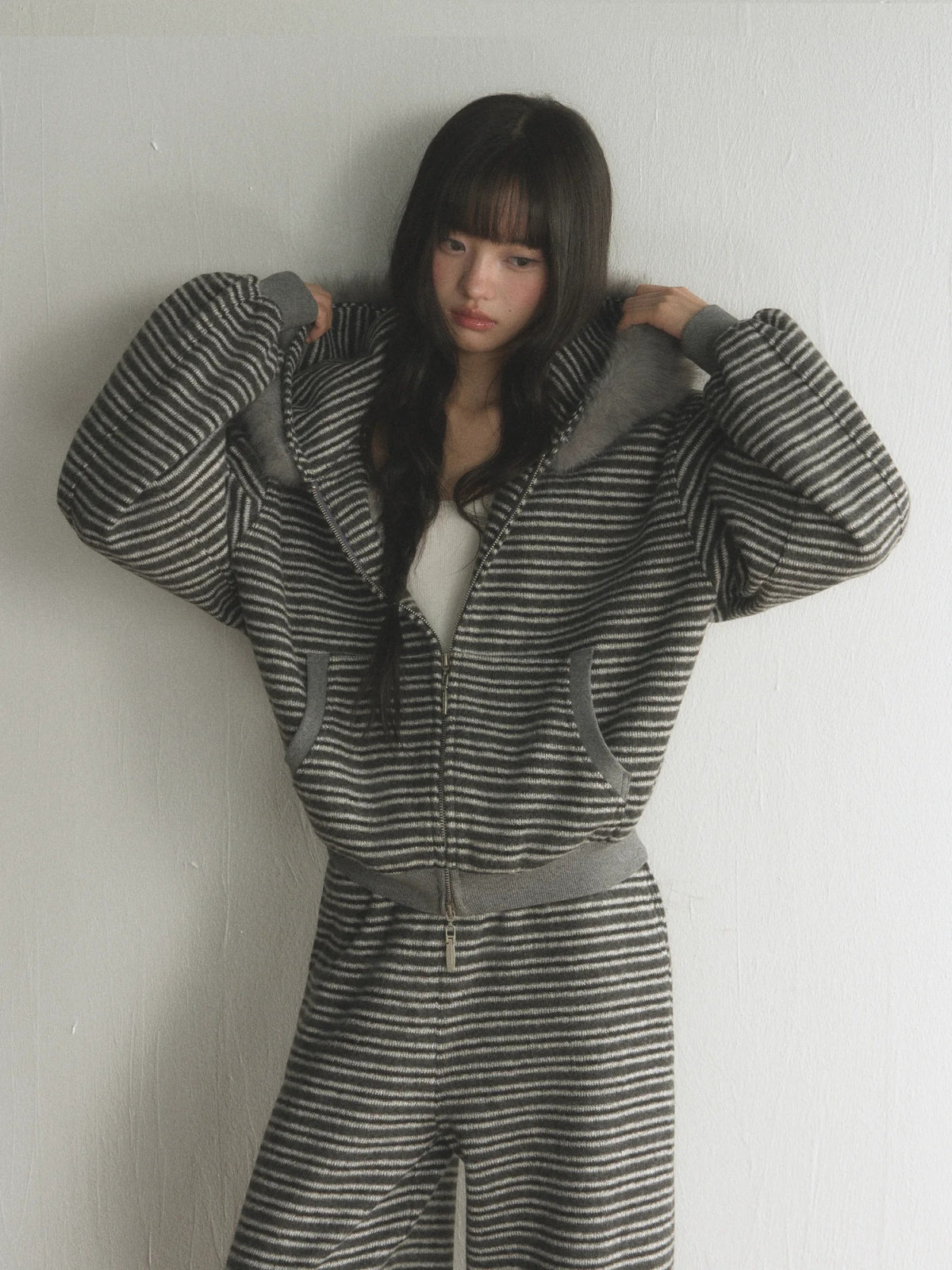 Striped Faux Fur Hooded Zip Cardigan