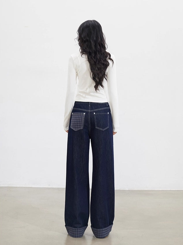 Navy Blue Plaid Patchwork Denim Wide-Leg Pants