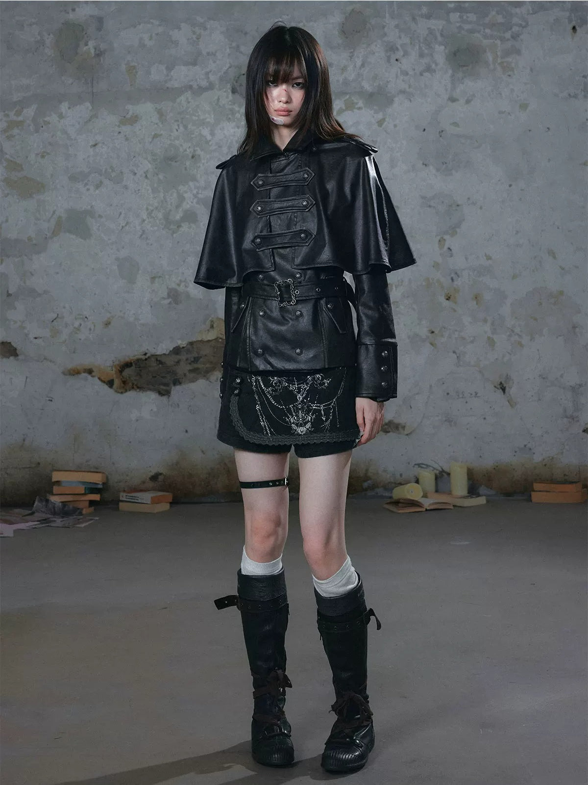 Detachable Cape Belted Leather Jacket