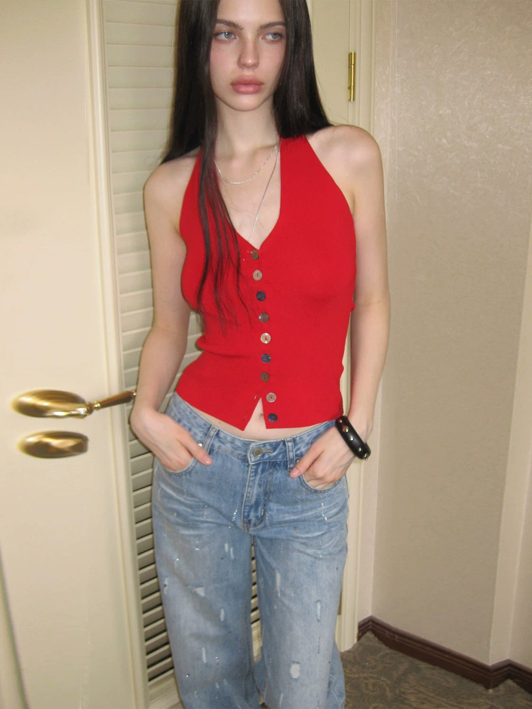 Beaded Halter Knit Top
