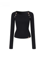 Rose Button Detail Fitted Long Sleeve Top
