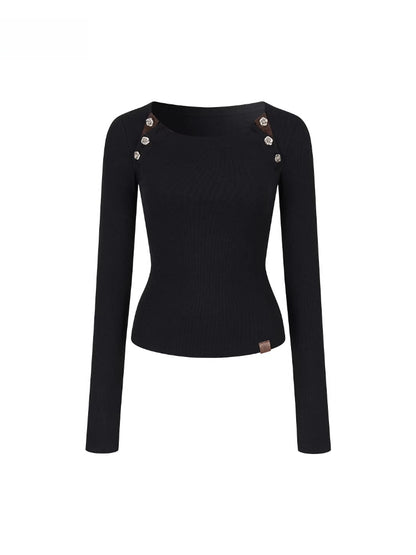 Rose Button Detail Fitted Long Sleeve Top