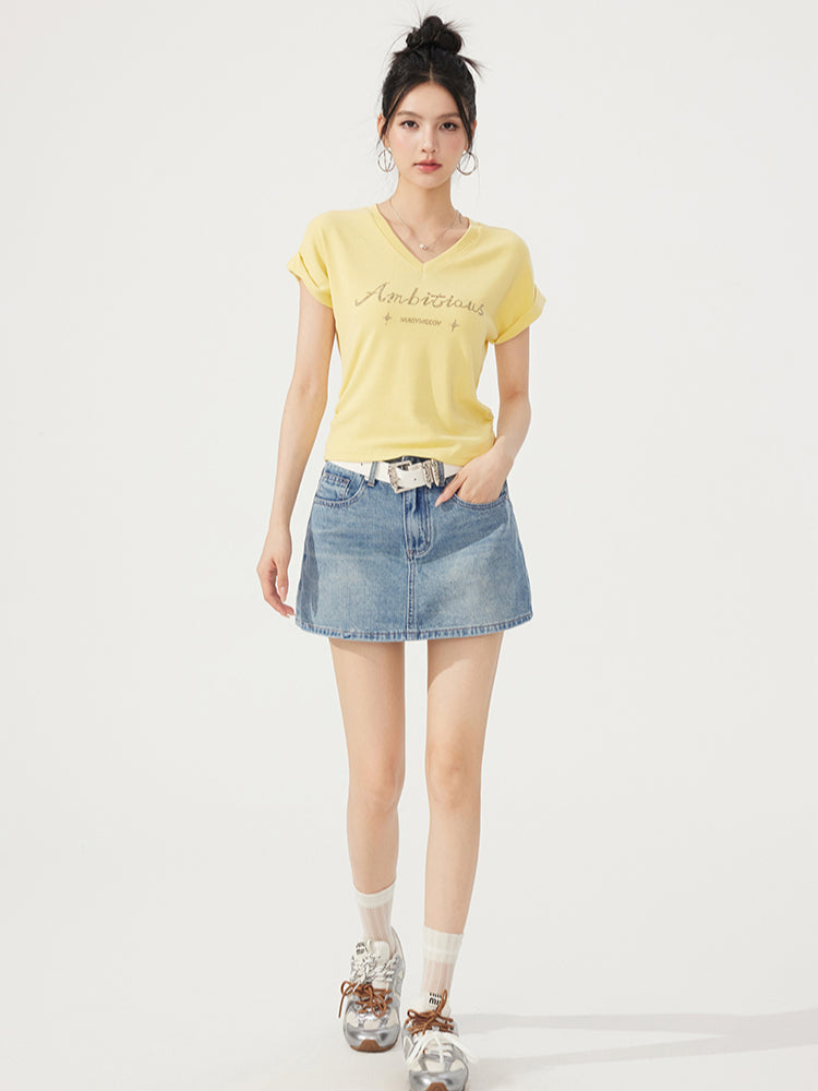 V-neck Waist-cinching Rhinestone Tee