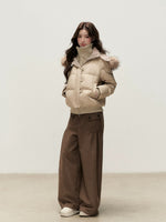 Faux Layered Fur-Trim Hooded Down Jacket