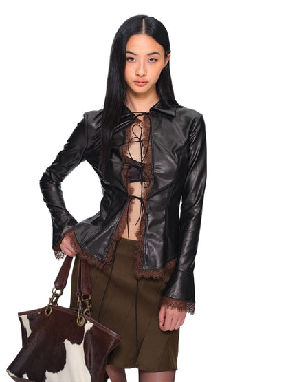 Faux-Leather Tie-Front Lace-Trim Cardigan