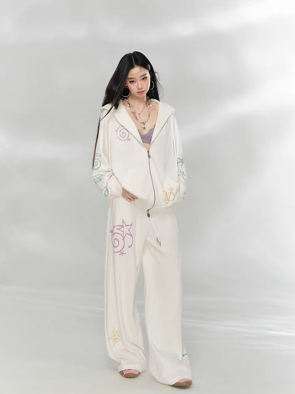 Green &amp; Beige Printed Hoodie Set