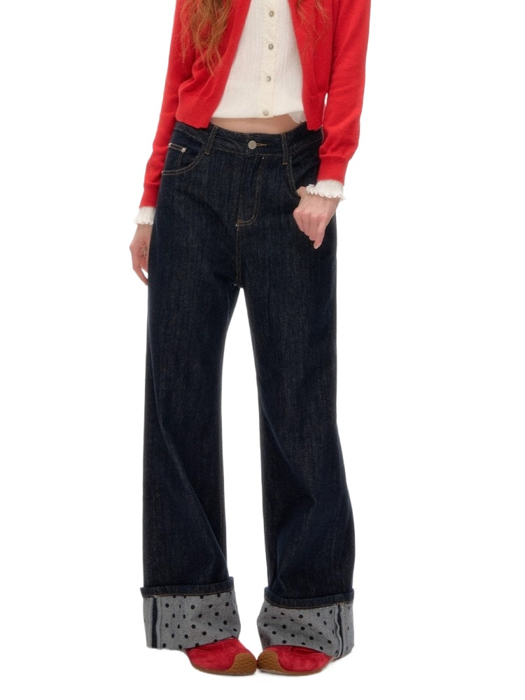 Contrast Cuff Polka Dot Denim Pants