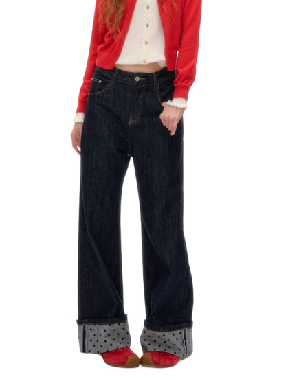 Contrast Cuff Polka Dot Denim Pants