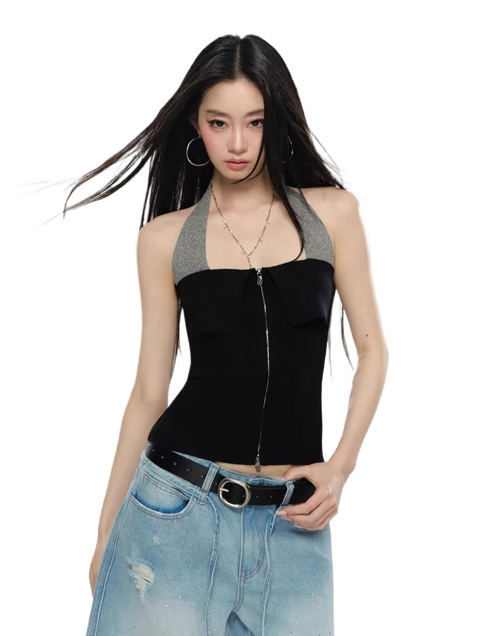 Contrast Zip Halter Top