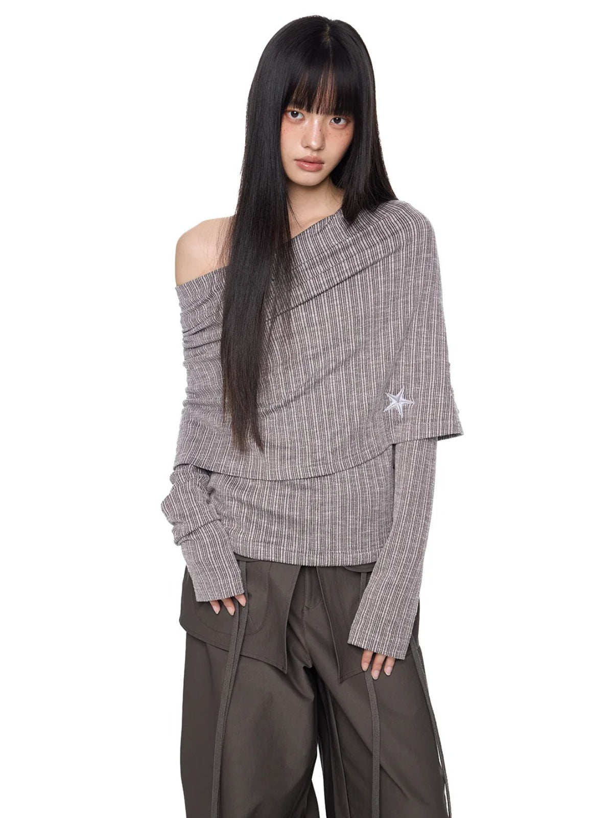 Asymmetric Striped Knit Shoulder Top
