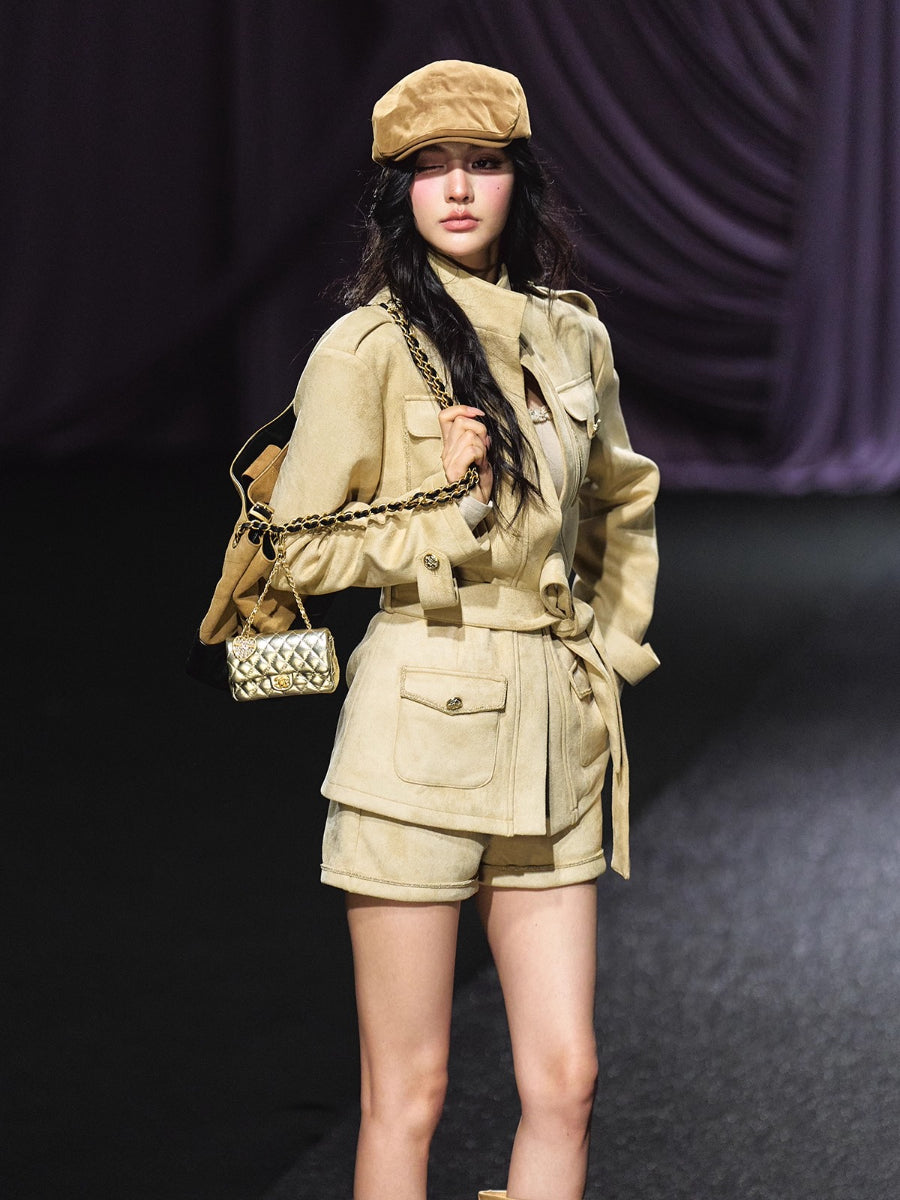 Velvet Suede Jacket &amp; Shorts Two-Piece Set