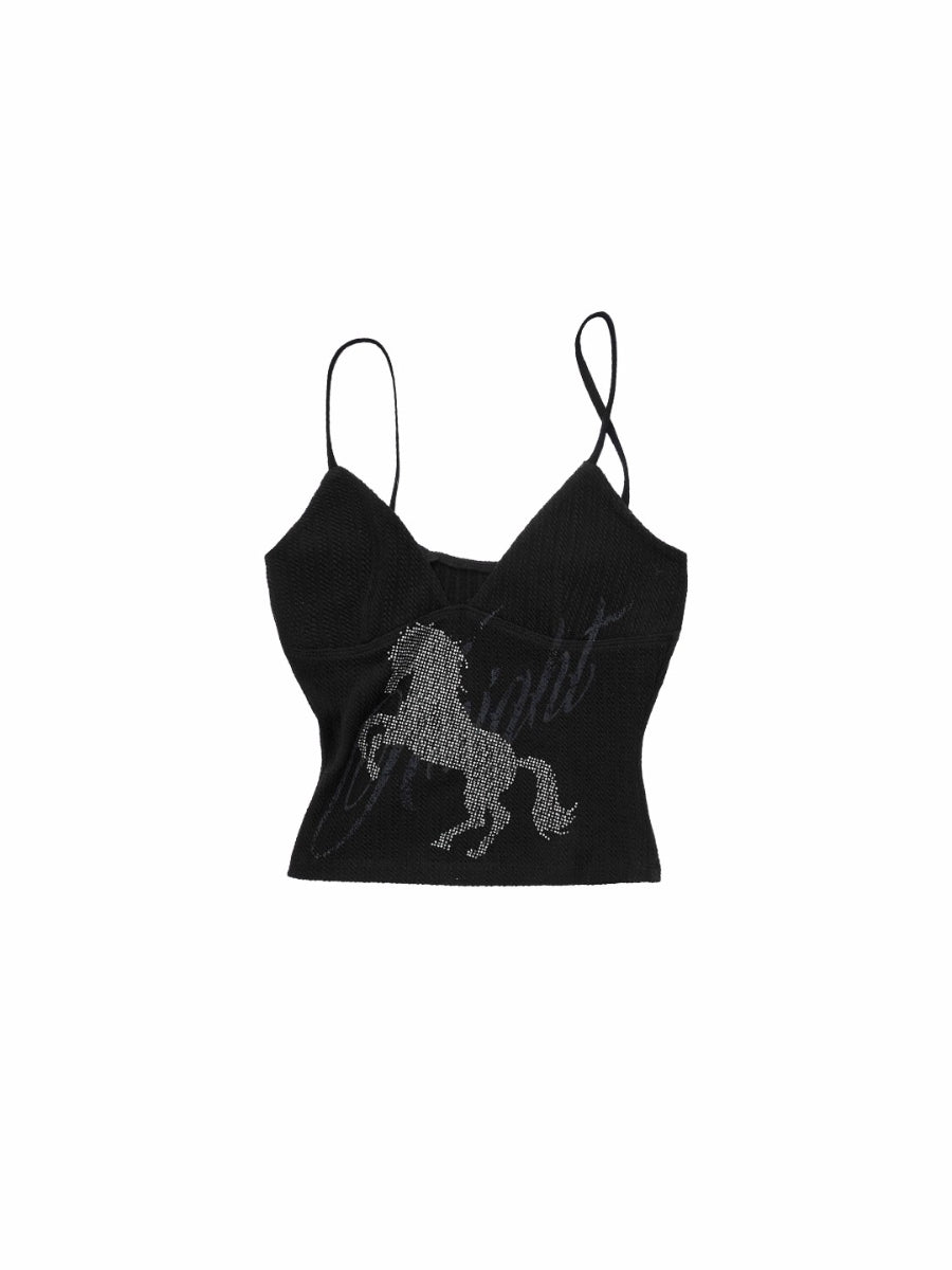 Knight Horse Rhinestone Cable Knit Cami Top