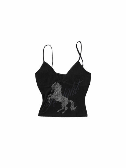 Knight Horse Rhinestone Cable Knit Cami Top