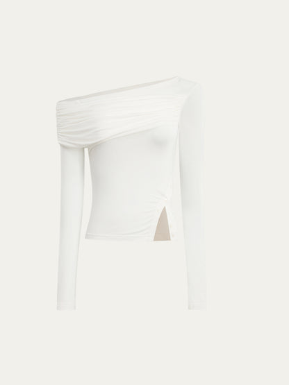 Asymmetric Shoulder Voluminous Ruched T-Shirt