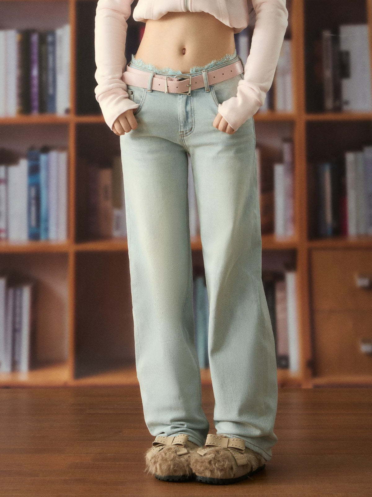 Light Wash Lace Waist Jeans