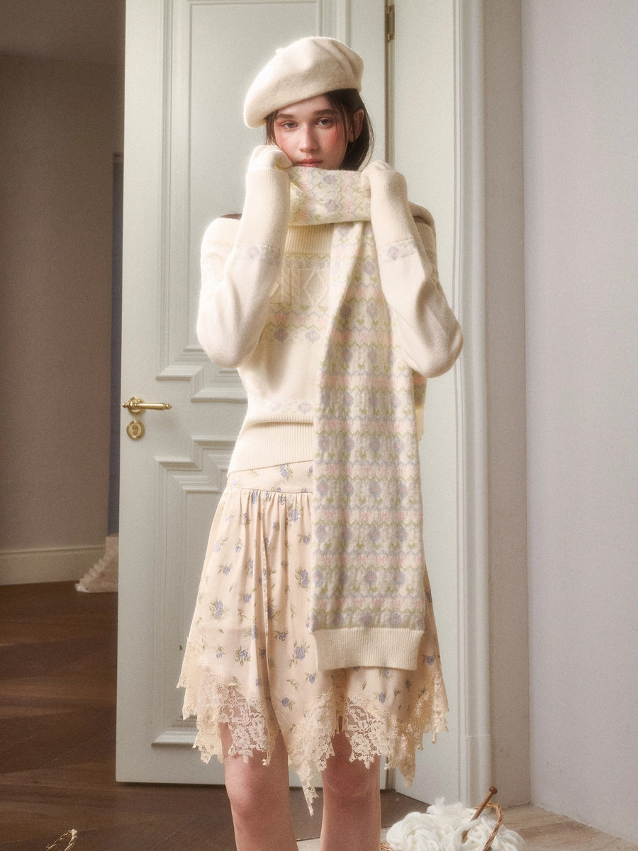 Cosagach Fair Isle Knit Crewneck &amp; Floral Skirt Set