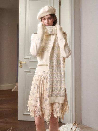 Cosagach Fair Isle Knit Crewneck &amp; Floral Skirt Set