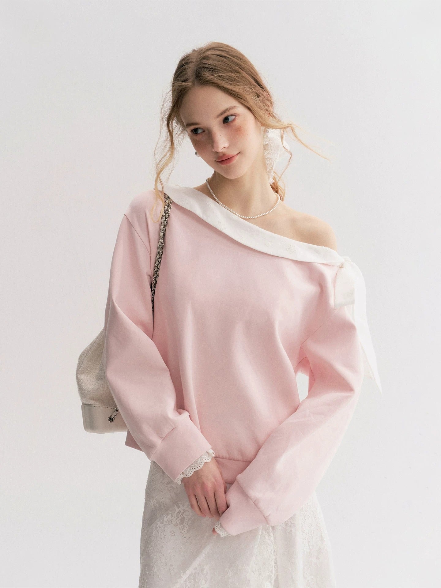 Navy &amp; Pink Bow Off-Shoulder Sweatshirt