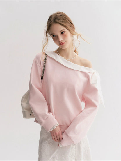 Navy &amp; Pink Bow Off-Shoulder Sweatshirt