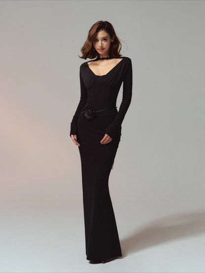 Ruched Boned Waist Slim-Fit V-Neck Maxi Dress