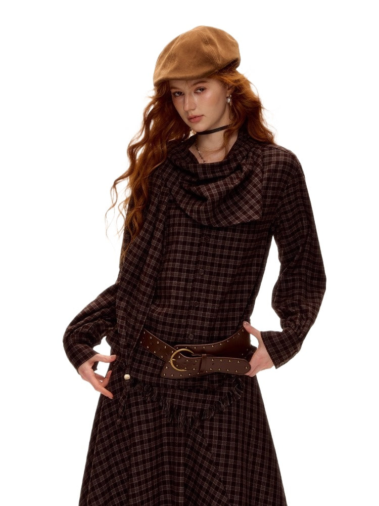 Vintage Plaid Beaded Tie-Scarf Shirt