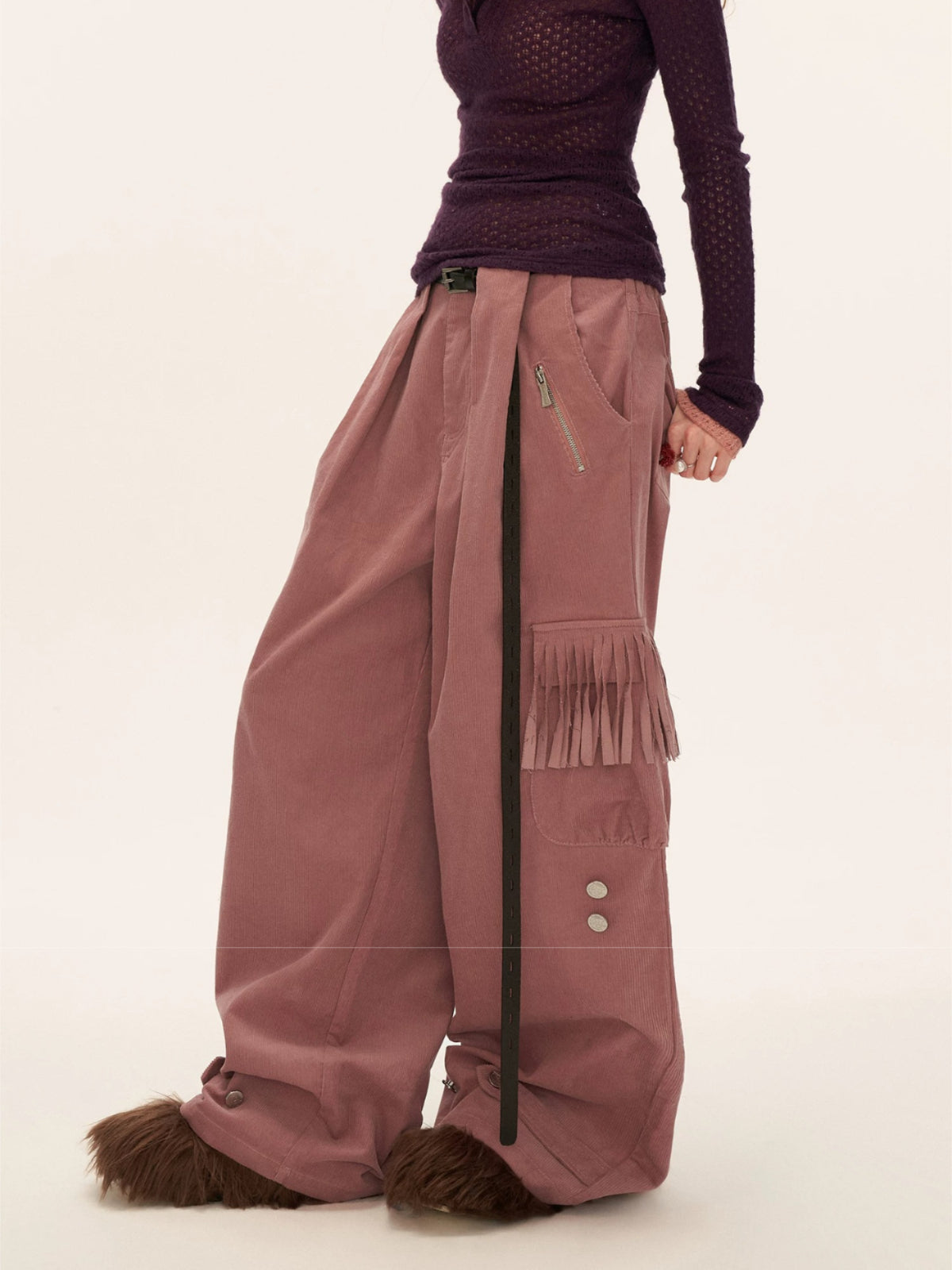 Fringed Corduroy Straight-Leg Pants
