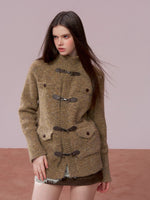 Brown Leather Buckle Cardigan & Hooded Cape Set