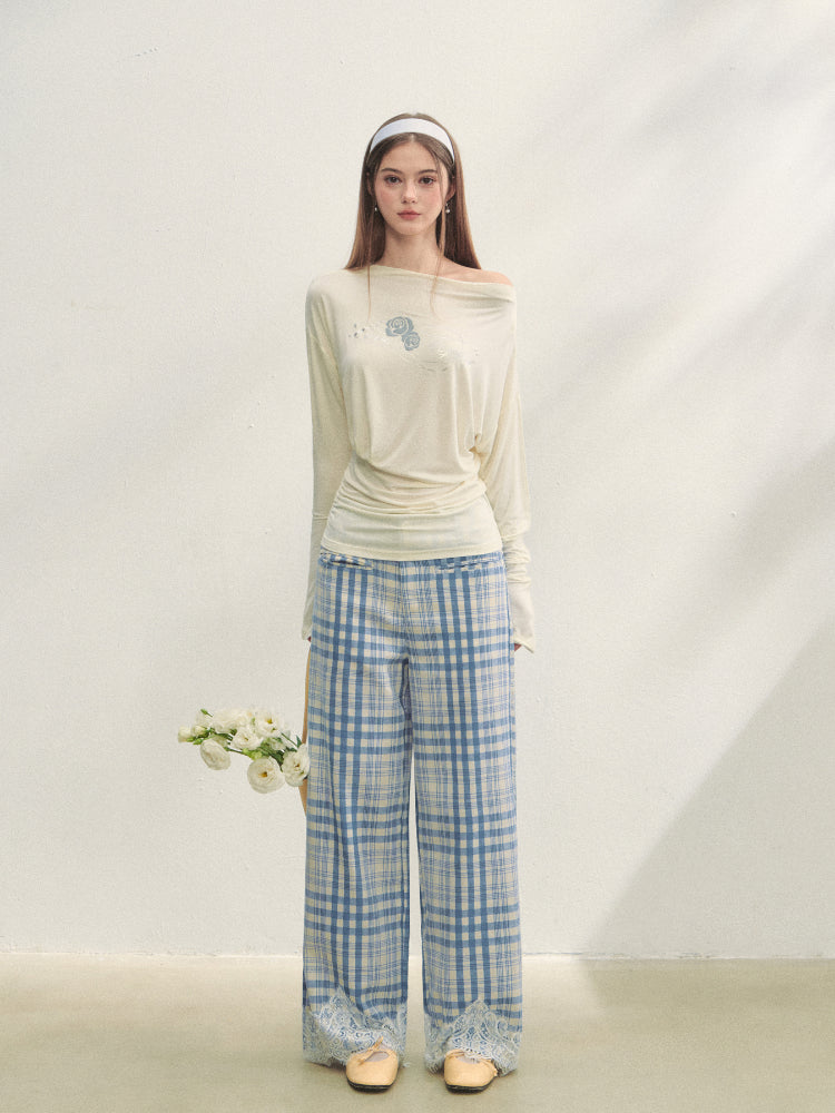 Floral Print Pleated Long-Sleeve T-shirt