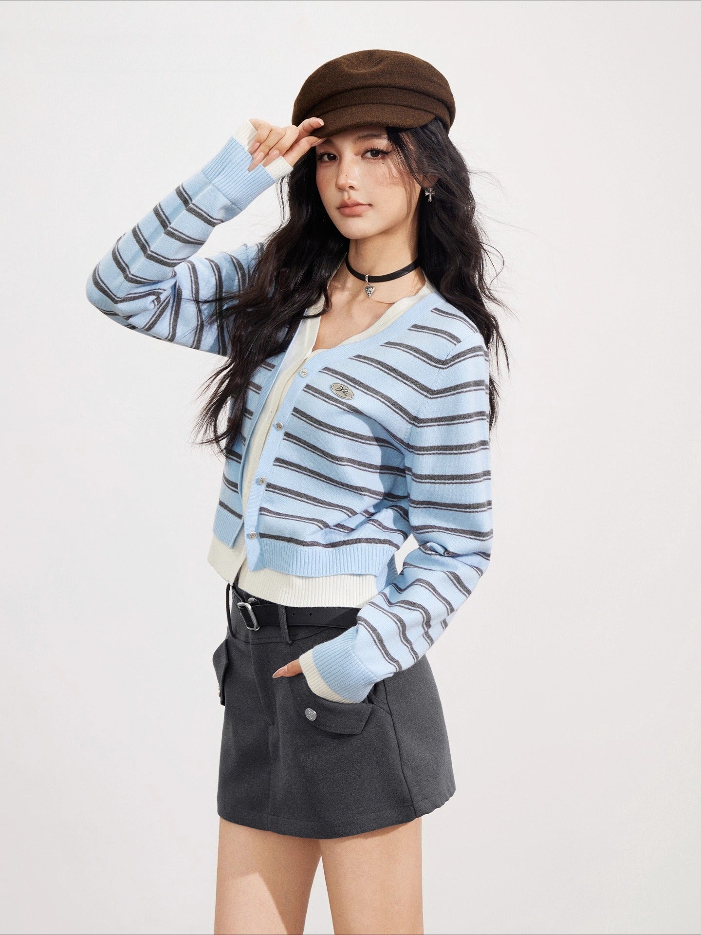 Blue Striped V-Neck Cardigan