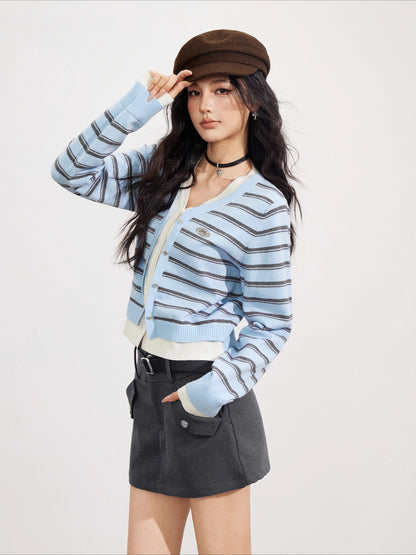 Blue Striped V-Neck Cardigan