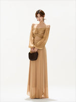 Brown Off Shoulder Butterfly Knot Maxi Dress