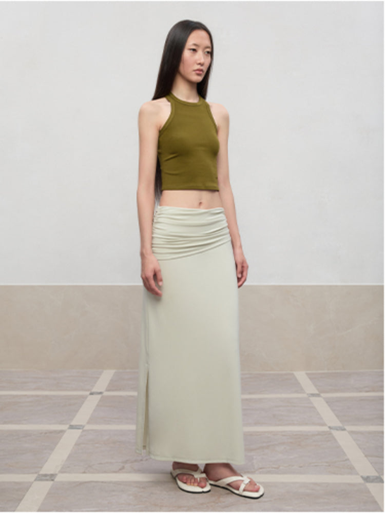 Lyocell Pleated Mid-Low Waist Midi Skirt