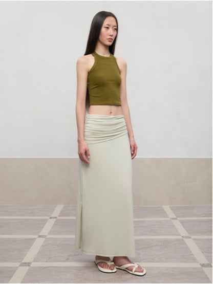 Lyocell Pleated Mid-Low Waist Midi Skirt