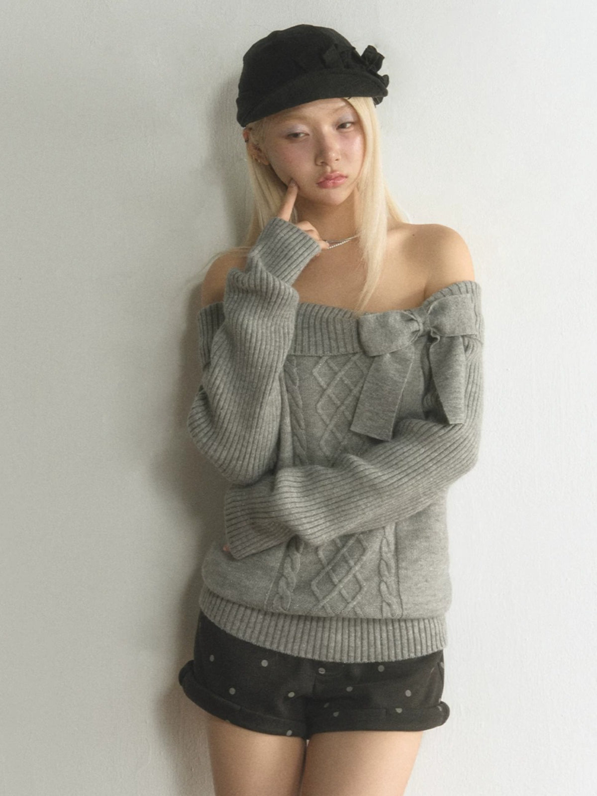 Off-Shoulder Bow Cable Knit Sweater