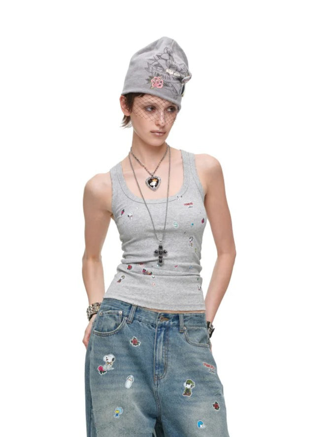 Vintage Print Wide-Strap Tank Top
