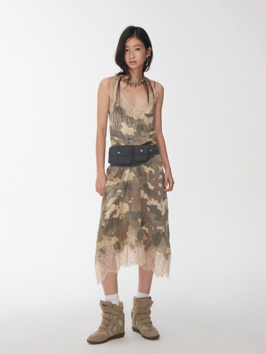 Camouflage Lace Trim Slip Dress