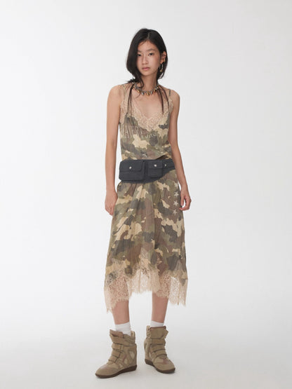 Camouflage Lace Trim Slip Dress