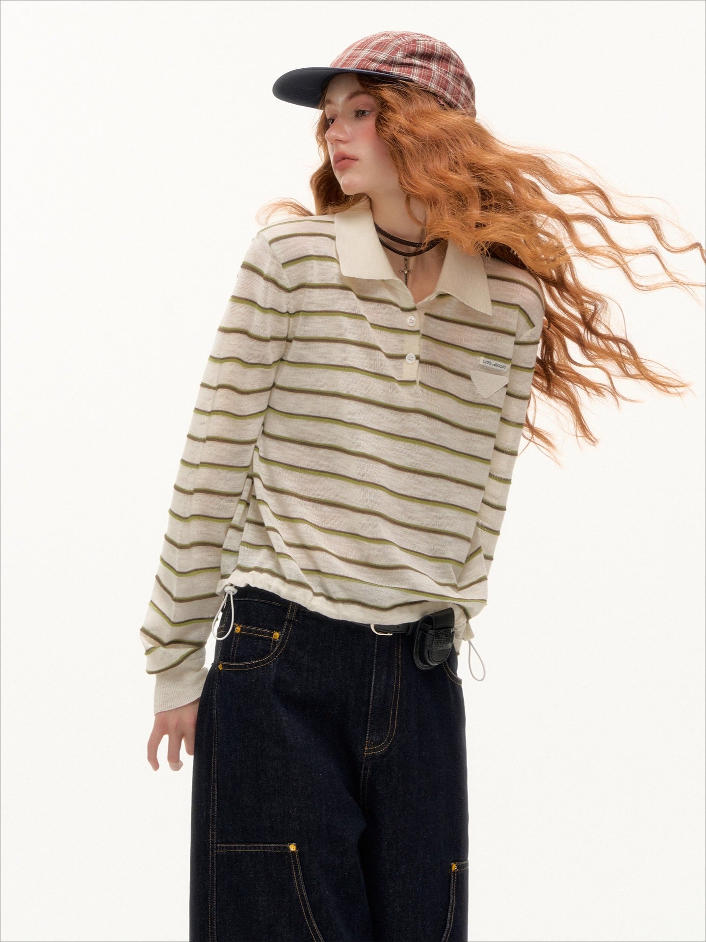 Beige &amp; Blue Striped Polo Knit T-shirt