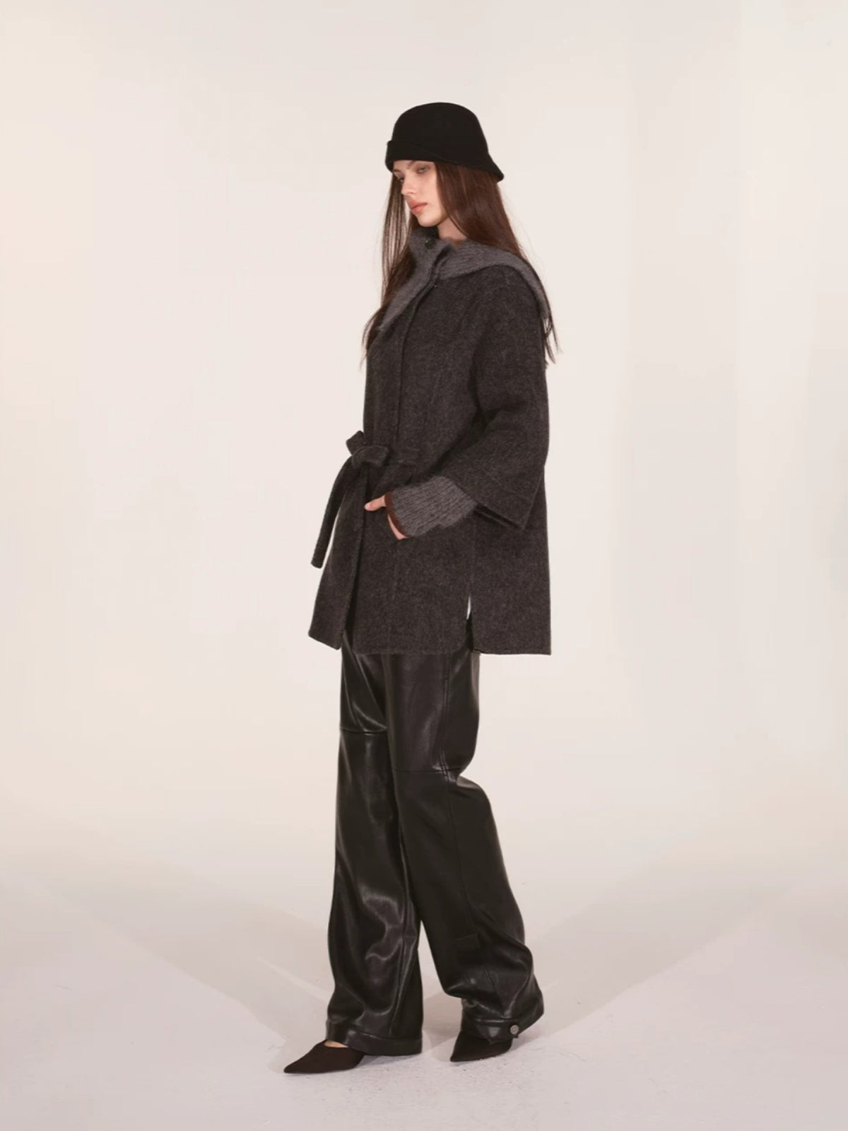 Asymmetric Collar Belted Wool Coat