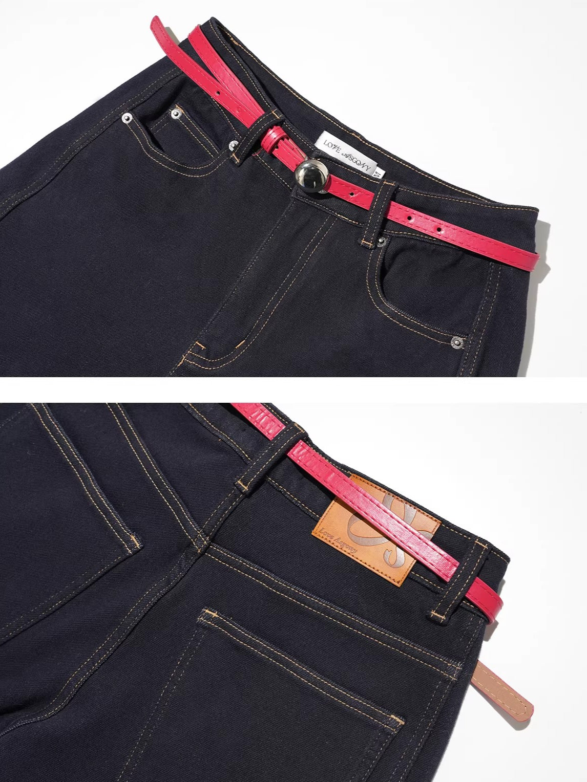 Red Belt Curved Jeans
