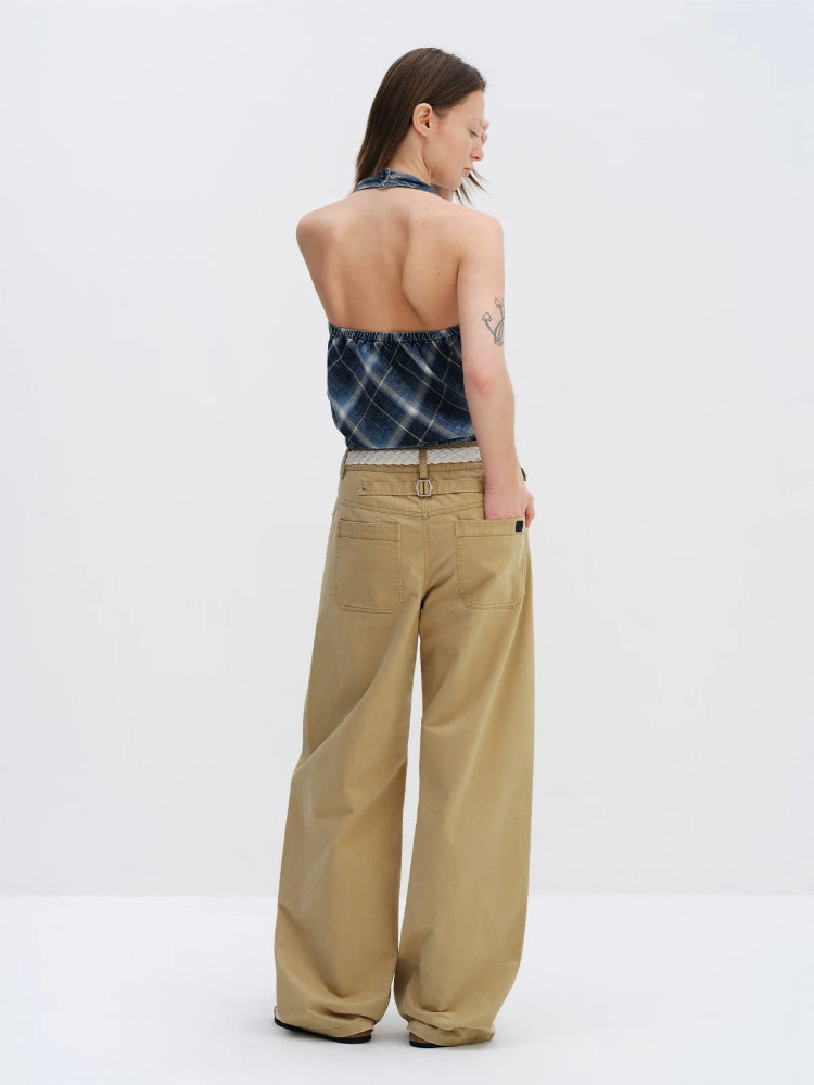 Khaki Low-Waist Curved-Leg Pants