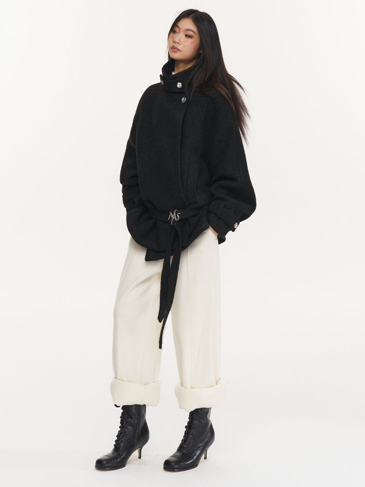 Cream &amp; Black Wool Blend Loose Lapel Jacket