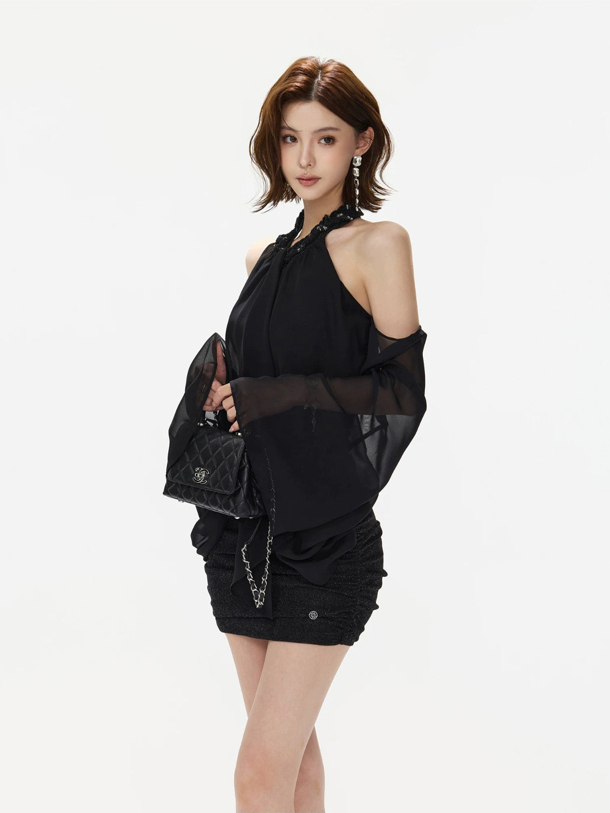 Halter Ruched Bell Sleeve Mini Dress