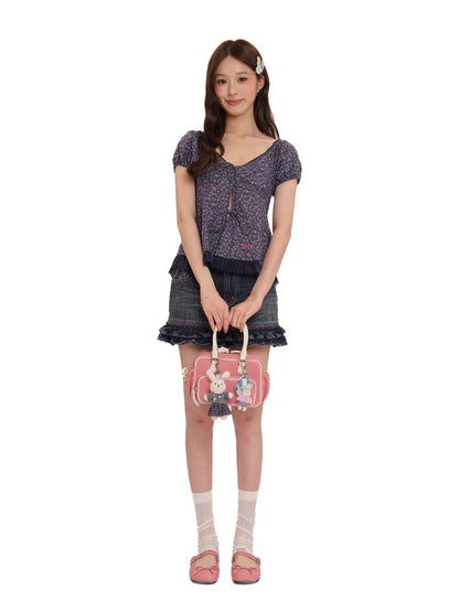 Floral Patchwork Mesh Bow Tie Bubble Sleeve Top &amp; Dress