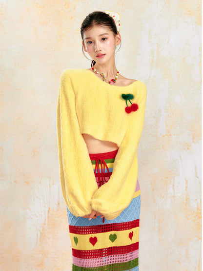 Soft Yellow Off-Shoulder Knit Sweater &amp; Skirt Set