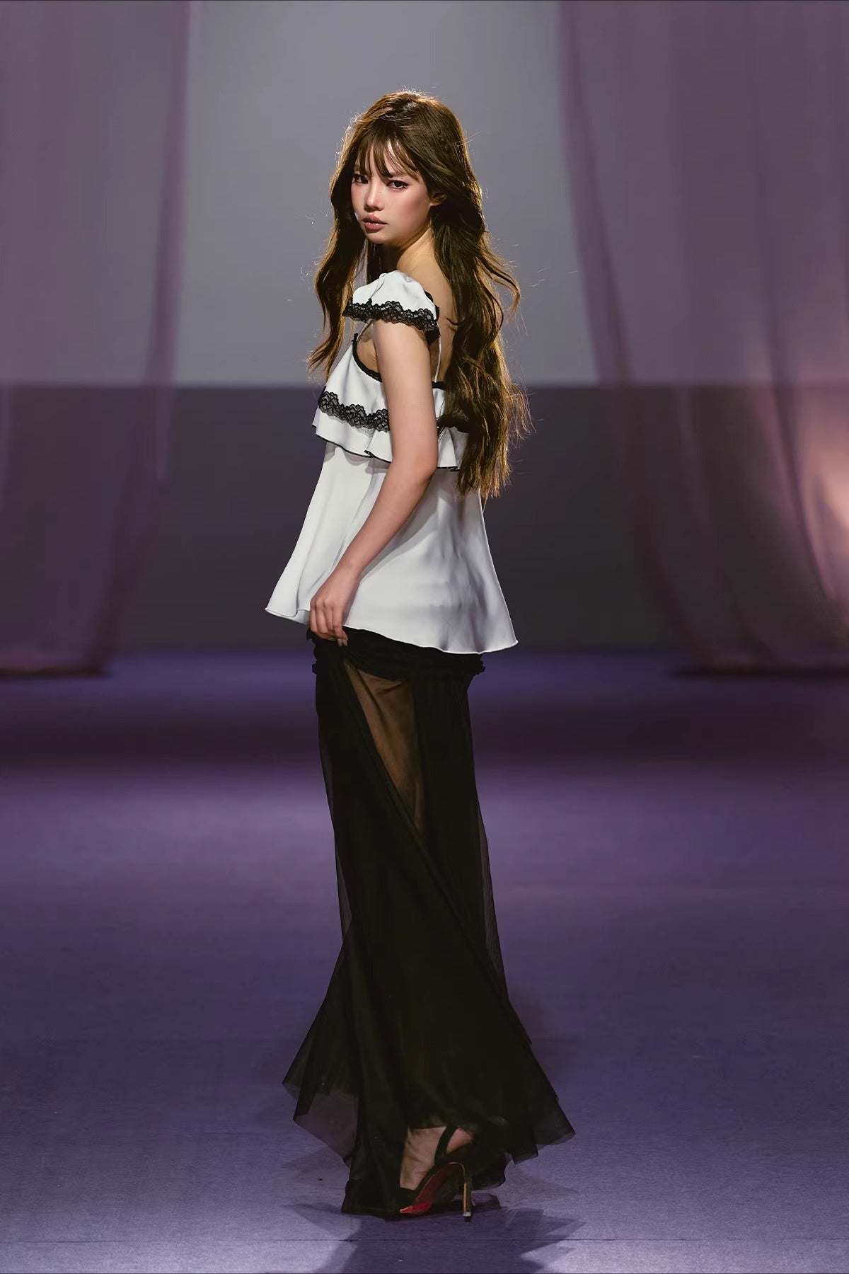 Pleated Mesh Maxi Skirt