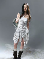 Graffiti Ruched Plaid Bustier Dress